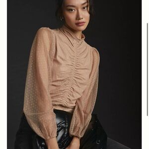 NWOT En Elly anthropologie ruched sheer sleeves polka dot blouse top